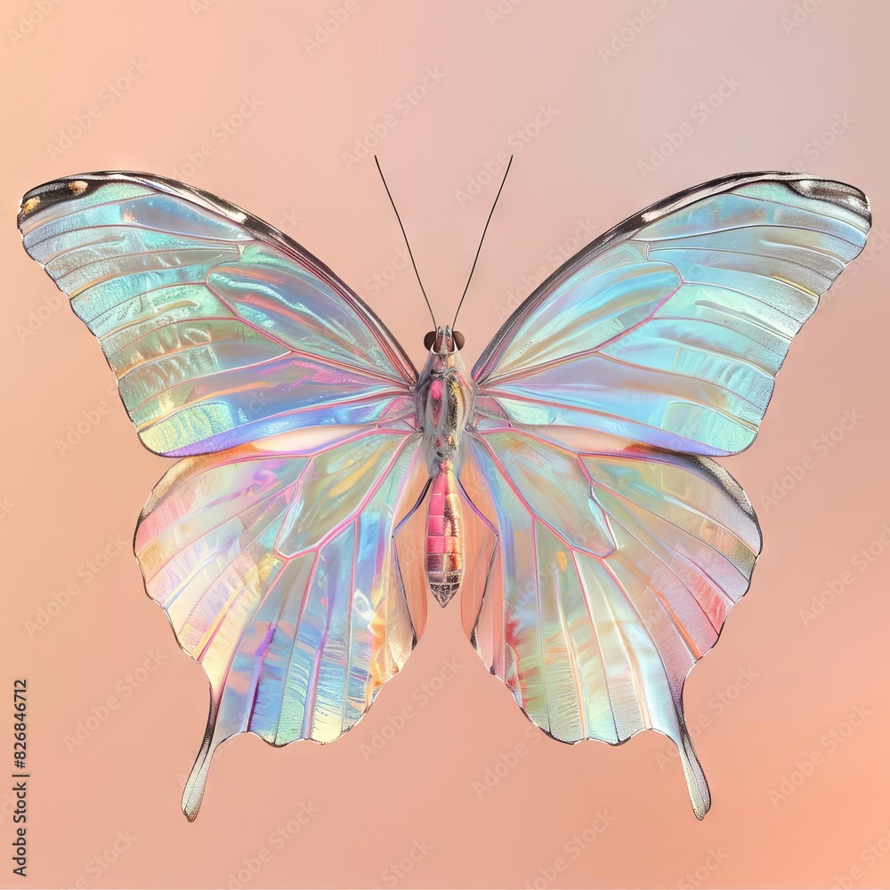 Stunning holographic butterfly with iridescent wings on a soft pastel background, blending nature and digital art in a captivating visual.