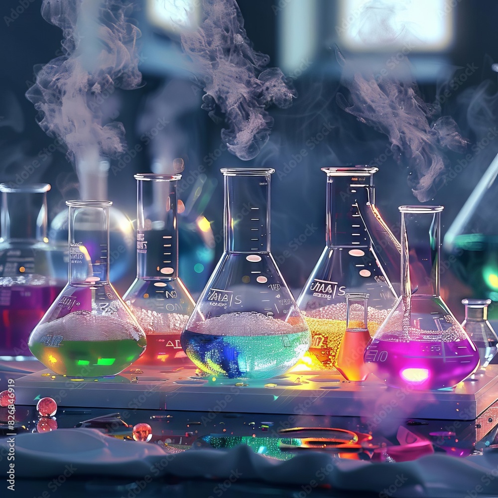 Colorful chemical reactions in glass beakers and flasks emitting smoke in a science laboratory, showcasing vibrant scientific experimentation.