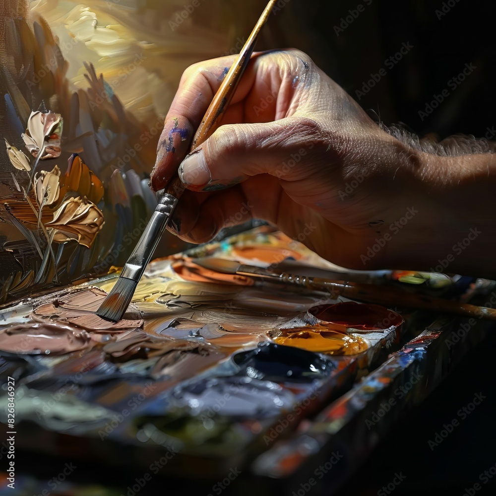 Close-up of an artist's hand painting on a canvas with a brush, surrounded by a colorful palette of mixed paints. Close-up of an artist's hand painting on a canvas with a brush, surrounded by a colorful palette of mixed paints.