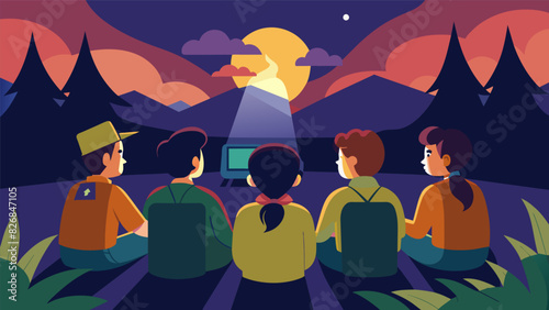 As the sunset sets over the horizon a group of scouts huddle together around a portable projector watching a virtual campfire on a screen as they. Vector illustration photo