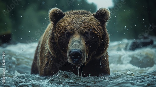 A powerful brown bear forages in a swift river, surrounded by lush forest. This striking nature moment captures the wild spirit of the bear. photo
