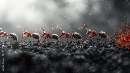 A group of red ants are walking on a black ground. The image has a mood of chaos and destruction photo