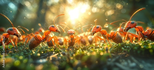Close-up of ants working together on a vibrant forest floor with sun rays shining through the background, depicting teamwork in nature. photo