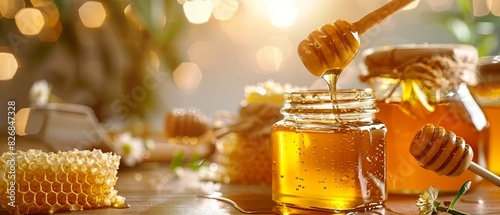 A jar of honey is poured into a small jar photo
