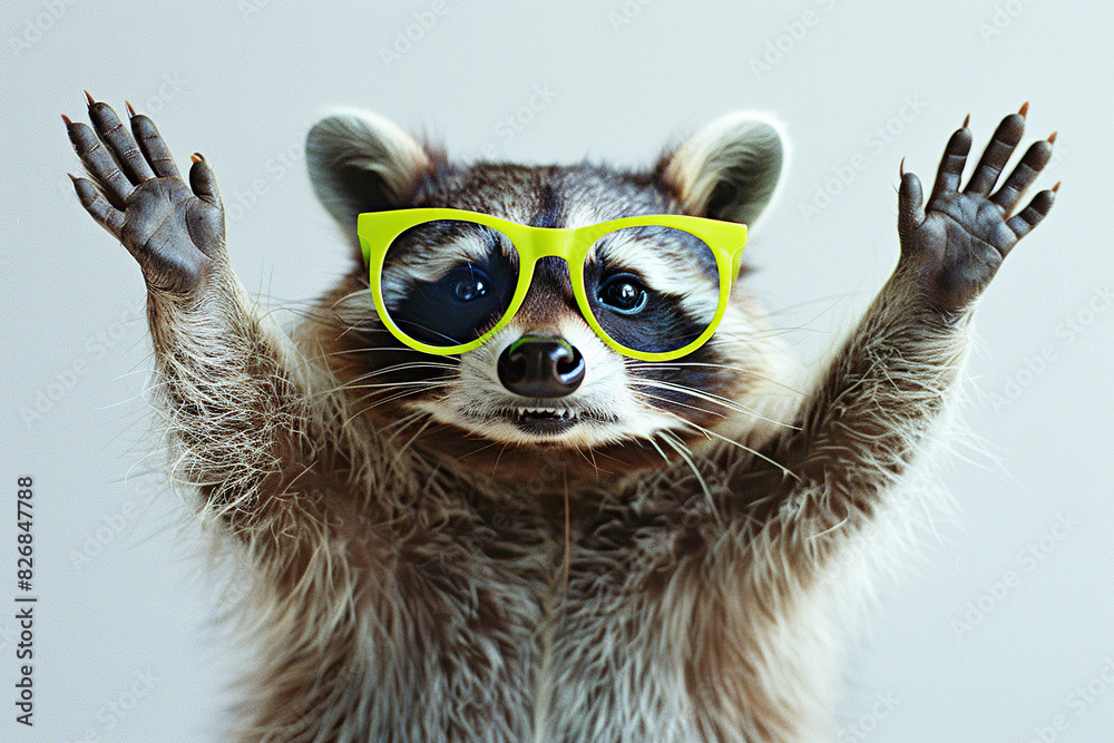 A raccoon wearing yellow glasses waves in a playful manner