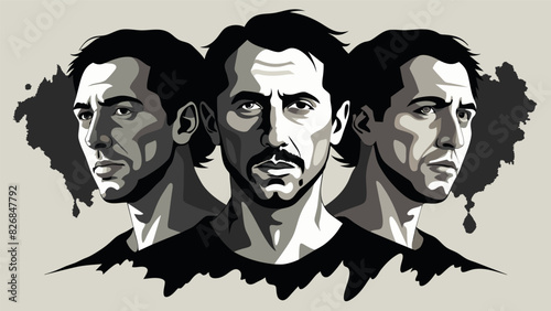 A series of ink wash portraits showing a persons face changing and distorting with each stroke conveying the tumultuous and everchanging nature of. Vector illustration