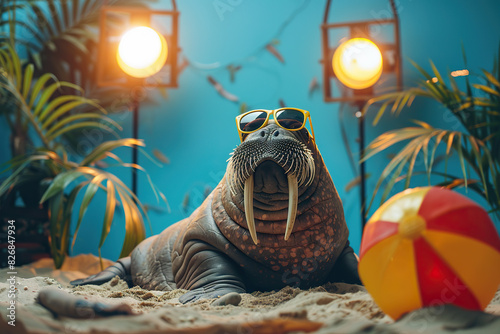 A walrus, wearing sunglasses, enjoying the sun while sitting on the sandy beach