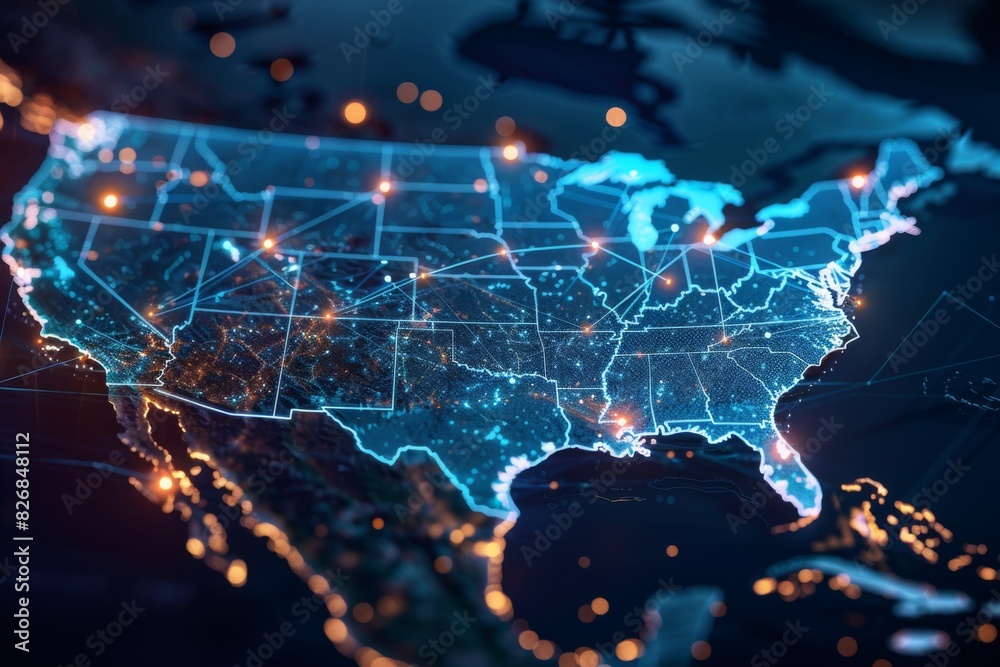 Digital map of america network connectivity created with generative ai Digital map of america network connectivity created with generative ai