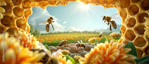 A group of bees flying in a field of flowers © CassiOpeiaZz