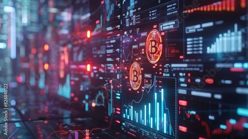 Digital money laundering through cryptocurrency, detailed computer screens, vibrant colors, highresolution, realistic portrayal, cybercrime, complex transactions, modern technology photo