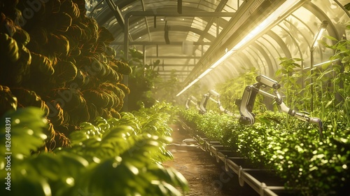 A lush greenhouse controlled by AI, where robotic arms carefully tend to rows of plants bathed in artificial sunlight. 32k, full ultra HD, high resolution