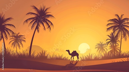 arabesque web horizontal banner  camel and palm tree silhouette  beautiful sunlight  sunset  sunrise  islamic background template illustration vector 