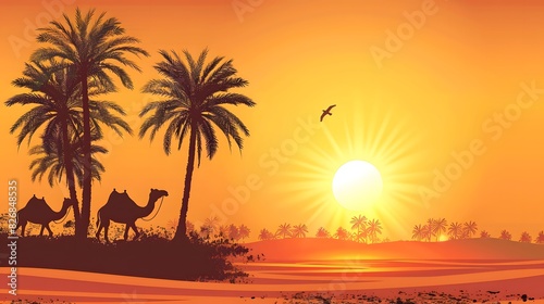 arabesque web horizontal banner  camel and palm tree silhouette  beautiful sunlight  sunset  sunrise  islamic background template illustration vector 