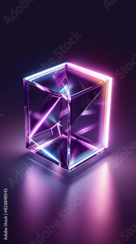 Abstract glowing neon glass cube on dark background.