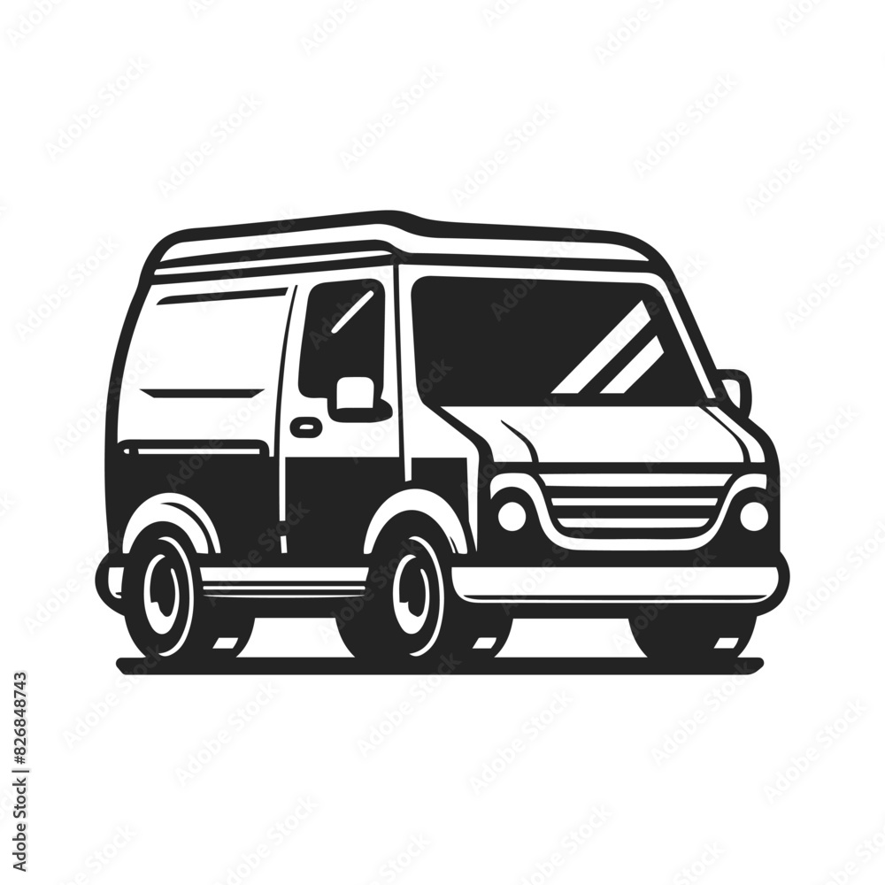 Cargo minibus Vector illustration. Van road trip and beach vacation. Cargo minivan black and white Cargo minibus Vector illustration. Van road trip and beach vacation. Cargo minivan black and white