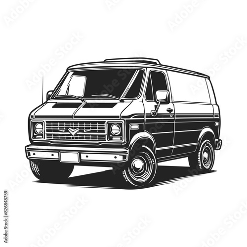 Van Vector illustration. Van road trip and beach vacation. Hand-drawn Doodle isolated on a white background. Cargo minivan black and white