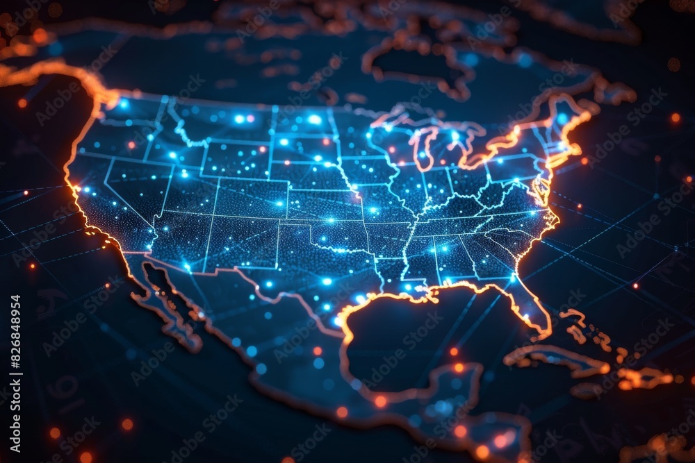 Digital map of america network connectivity created with generative ai Digital map of america network connectivity created with generative ai