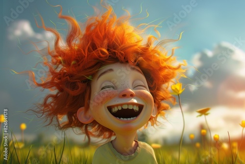 In a flowerfilled field, a young boy with red hair is laughing happily photo
