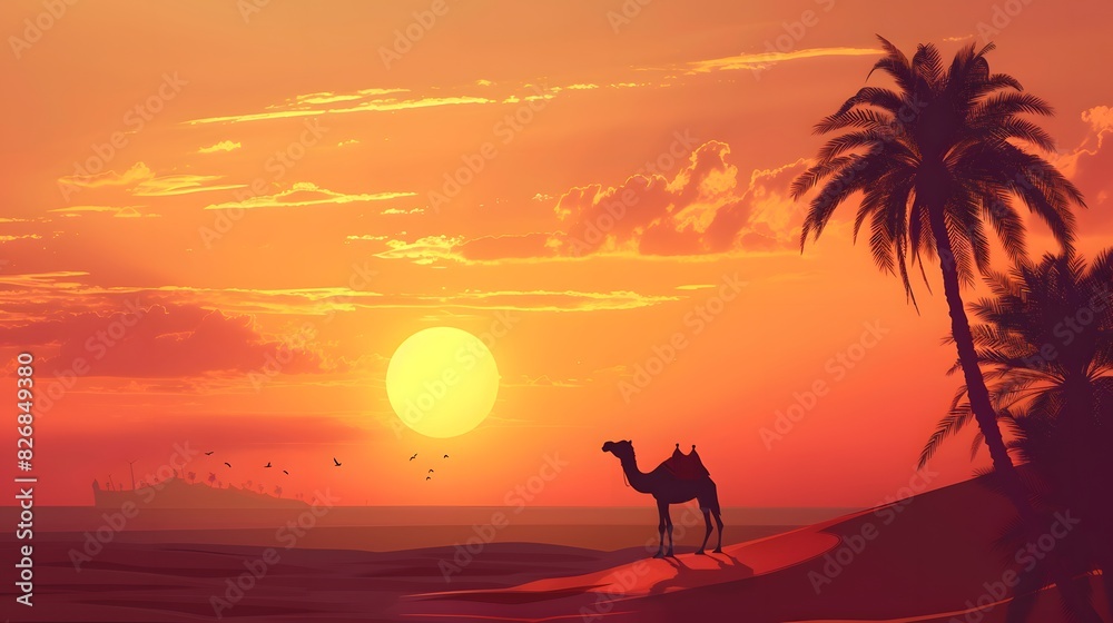 arabesque web horizontal banner, camel and palm tree silhouette, beautiful sunlight, sunset, sunrise, islamic background template illustration vector
arabesque web horizontal banner, camel and palm tree silhouette, beautiful sunlight, sunset, sunrise, islamic background template illustration vector