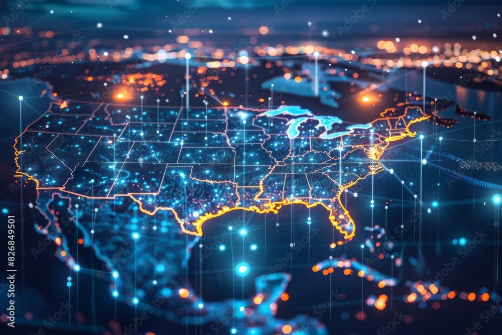 Digital map of america network connectivity created with generative ai Digital map of america network connectivity created with generative ai