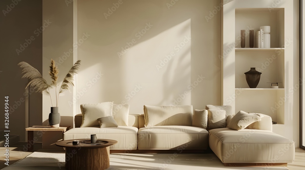 Home minimal interior design living room with beige cozy tone style, decorate with clean home furniture, and warm tone background, empty wall for mock up and banner