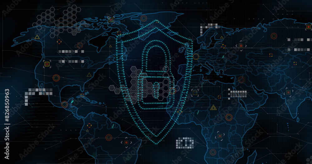 Fototapeta premium Image of light spot and security padlock icon over world map against blue background