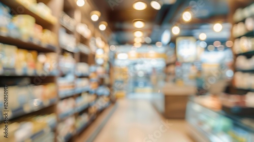 Blurred view of shelves in a store with warm lighting. Abstract background for design and print.