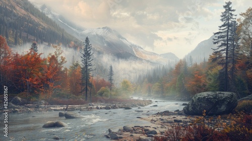 A misty autumn morning in the wilderness by a big rapid mountain stream with a sandy shore encompassed by mountains cloaked in a blend of autumn woods