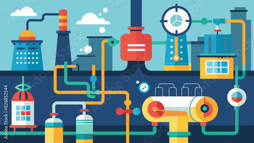 Closer inspection reveals the intricate network of pumps and valves that control the flow of water and steam through the thermal power stations. Vector illustration