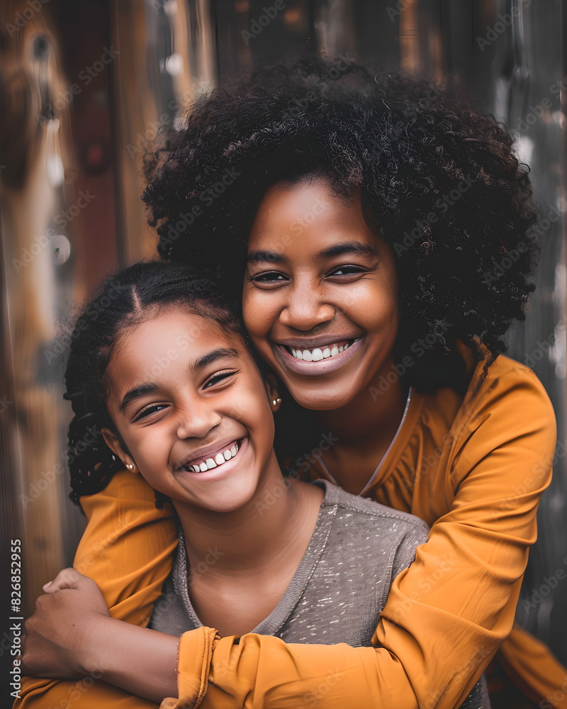 Mother's Day celebration of an African American mother and daughter smiling happily. Mother's Day celebration of an African American mother and daughter smiling happily.