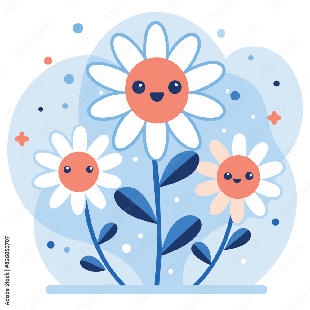 Three Smiling Cartoon Flowers with Blue Stems and Leaves Three Smiling Cartoon Flowers with Blue Stems and Leaves