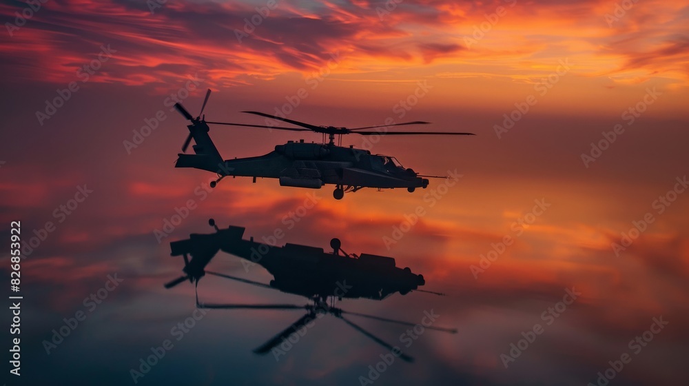 Apache Helicopter in Flight Over Serene Lake at Dusk Apache Helicopter in Flight Over Serene Lake at Dusk
