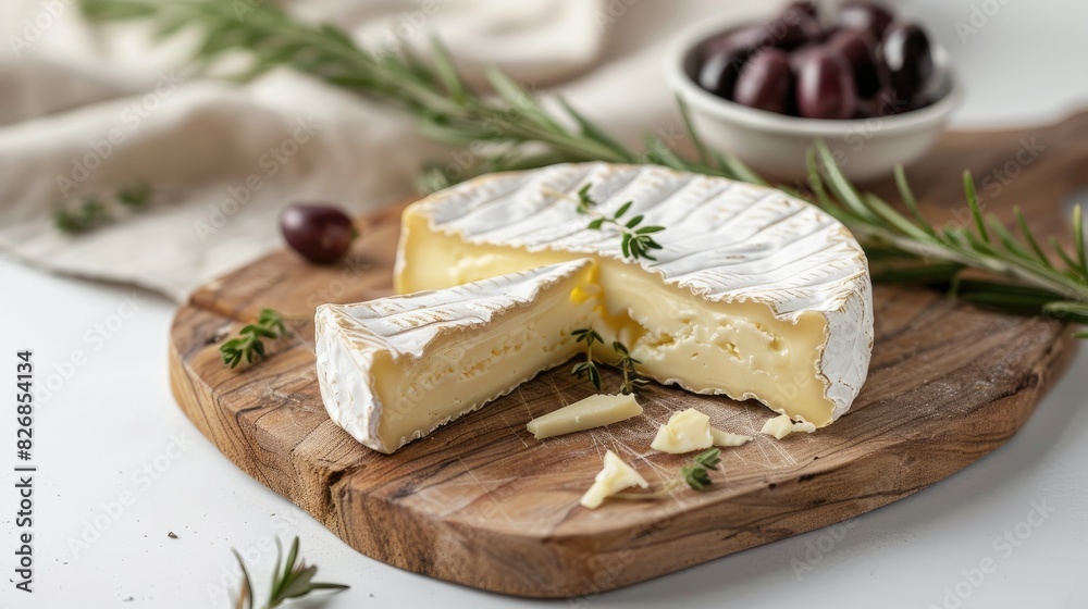 Macro image of aromatic brie cheese on a wooden cutting board against a white backdrop Macro image of aromatic brie cheese on a wooden cutting board against a white backdrop