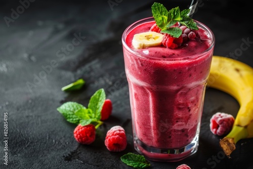 Delicious smoothie with raspberries, bananas, and mint, in a glass