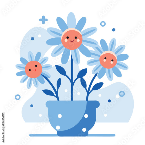 Three Smiling Blue Flowers in a Pot with White Dots