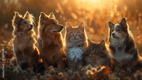 Four cats and two dogs sitting together in a field haveing angel wings and the cats have a serene expression in sunset