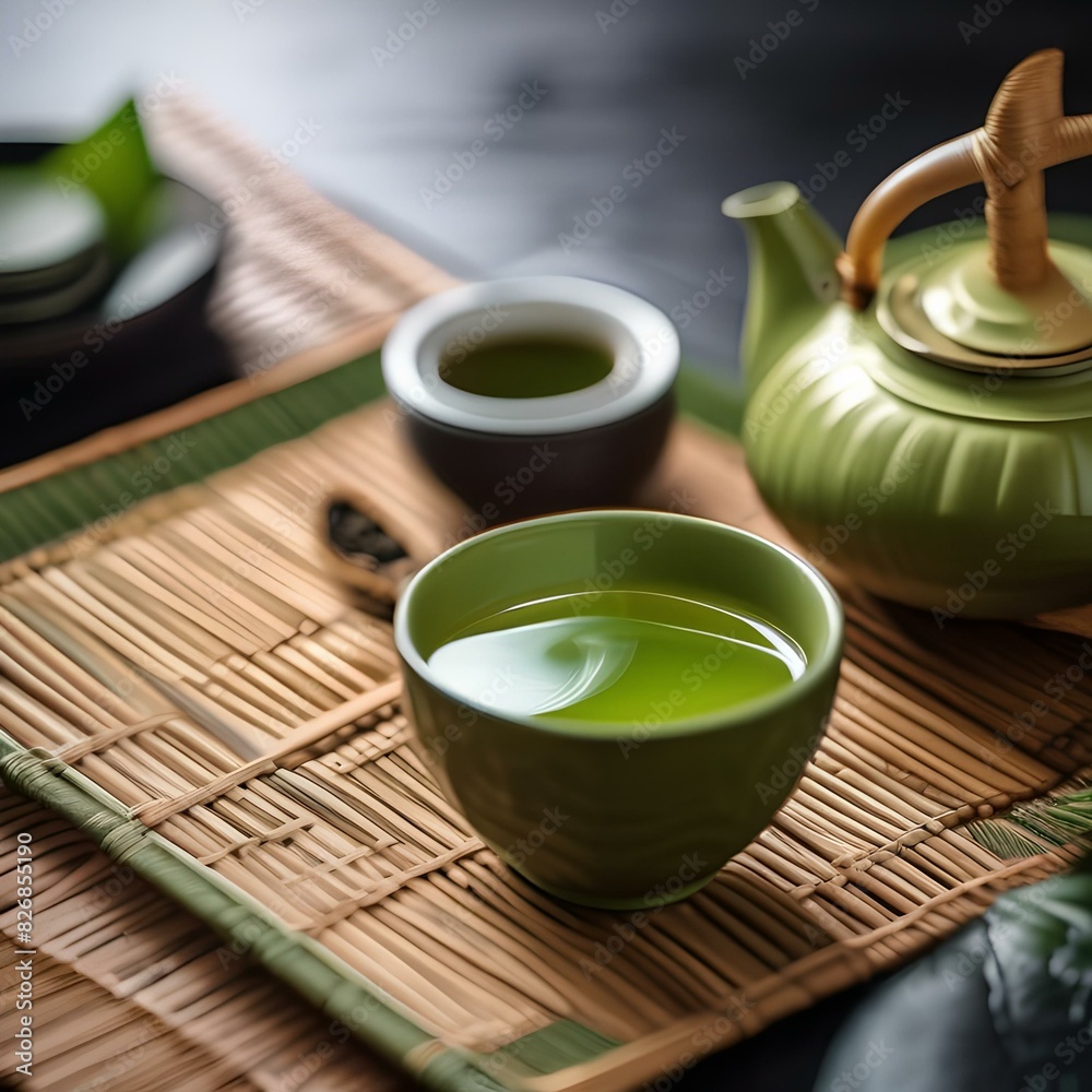 Cup of green tea with a teapot and bamboo mat in the background3 Cup of green tea with a teapot and bamboo mat in the background3
