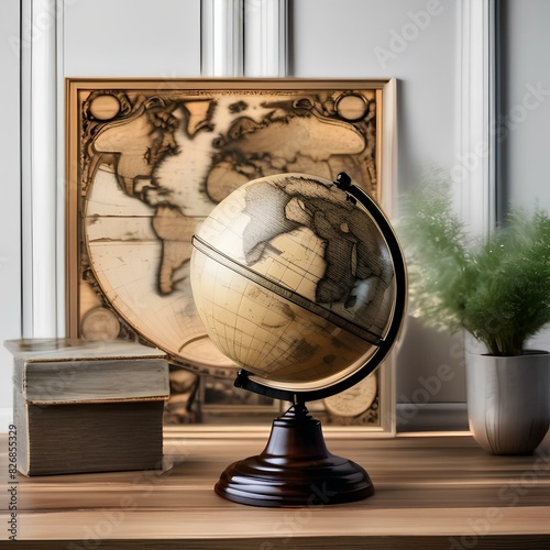 Classic globe with a vintage map, on a wooden desk4