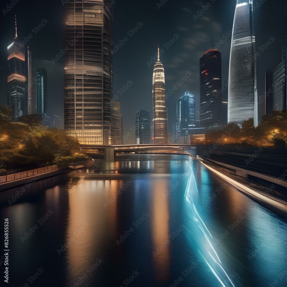 Fototapeta premium Night cityscape with illuminated skyscrapers and a river in the foreground3