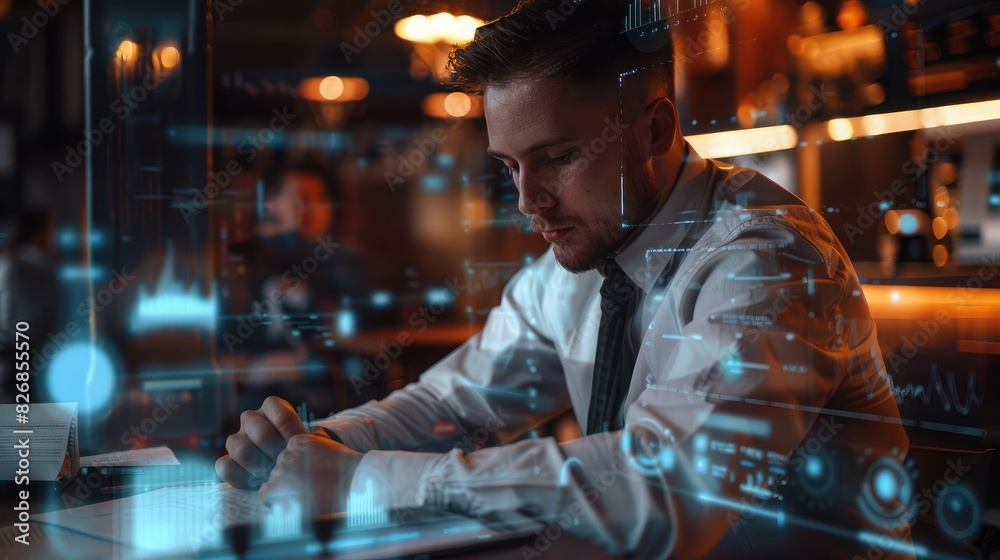 businessman reviewing a report with transparent graphs overlaid on the image, suggesting data analysis and market performance