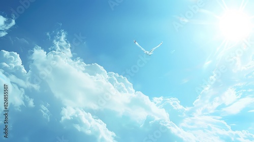 A bright blue sky with a single bird flying high, symbolizing freedom and tranquility