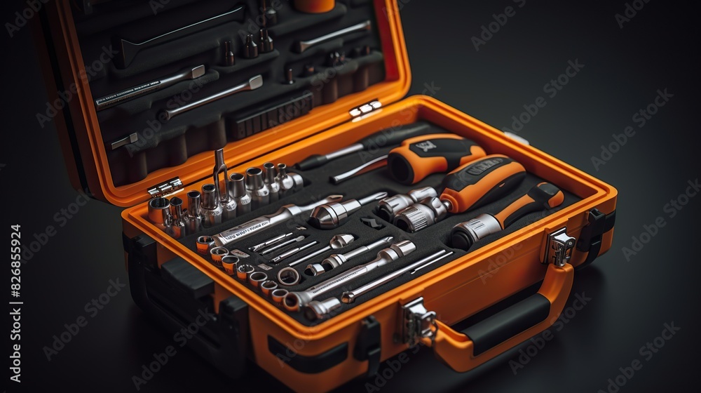 An organized set of professional tools displayed in a compact orange toolbox, ideal for mechanical work An organized set of professional tools displayed in a compact orange toolbox, ideal for mechanical work