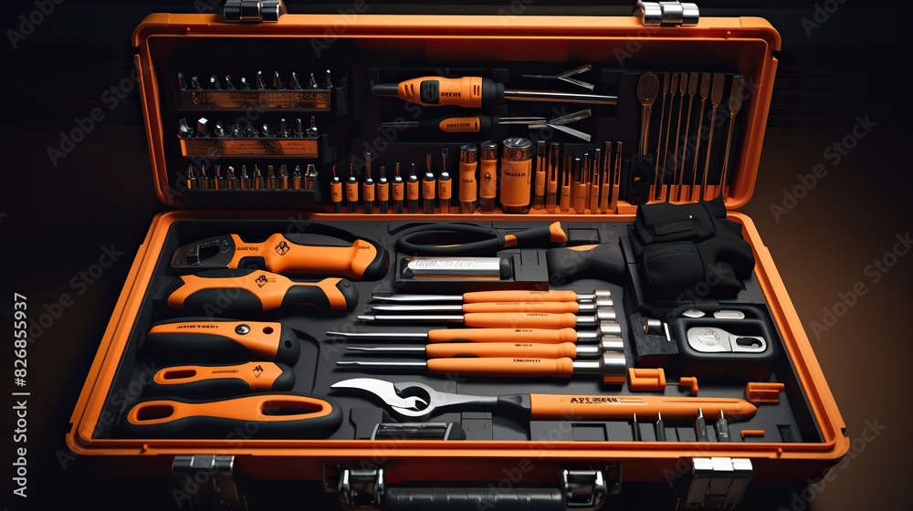 An organized set of professional tools displayed in a compact orange toolbox, ideal for mechanical work An organized set of professional tools displayed in a compact orange toolbox, ideal for mechanical work