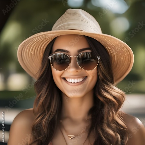 Portrait of a smiling young woman wearing a summer hat in a park4 photo