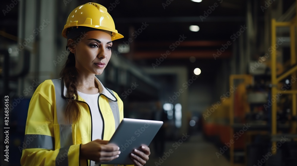 Portrait of female mechanical engineer worker in yellow hard hat and safety uniform using tablet standing at manufacturing area of industrial factory Portrait of female mechanical engineer worker in yellow hard hat and safety uniform using tablet standing at manufacturing area of industrial factory