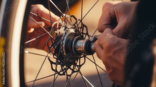 Man Assembling a Bike Wheel Axle: Close-up of an unrecognizable man's hands skillfully assembling a bike wheel axle, with tools and bike parts visible