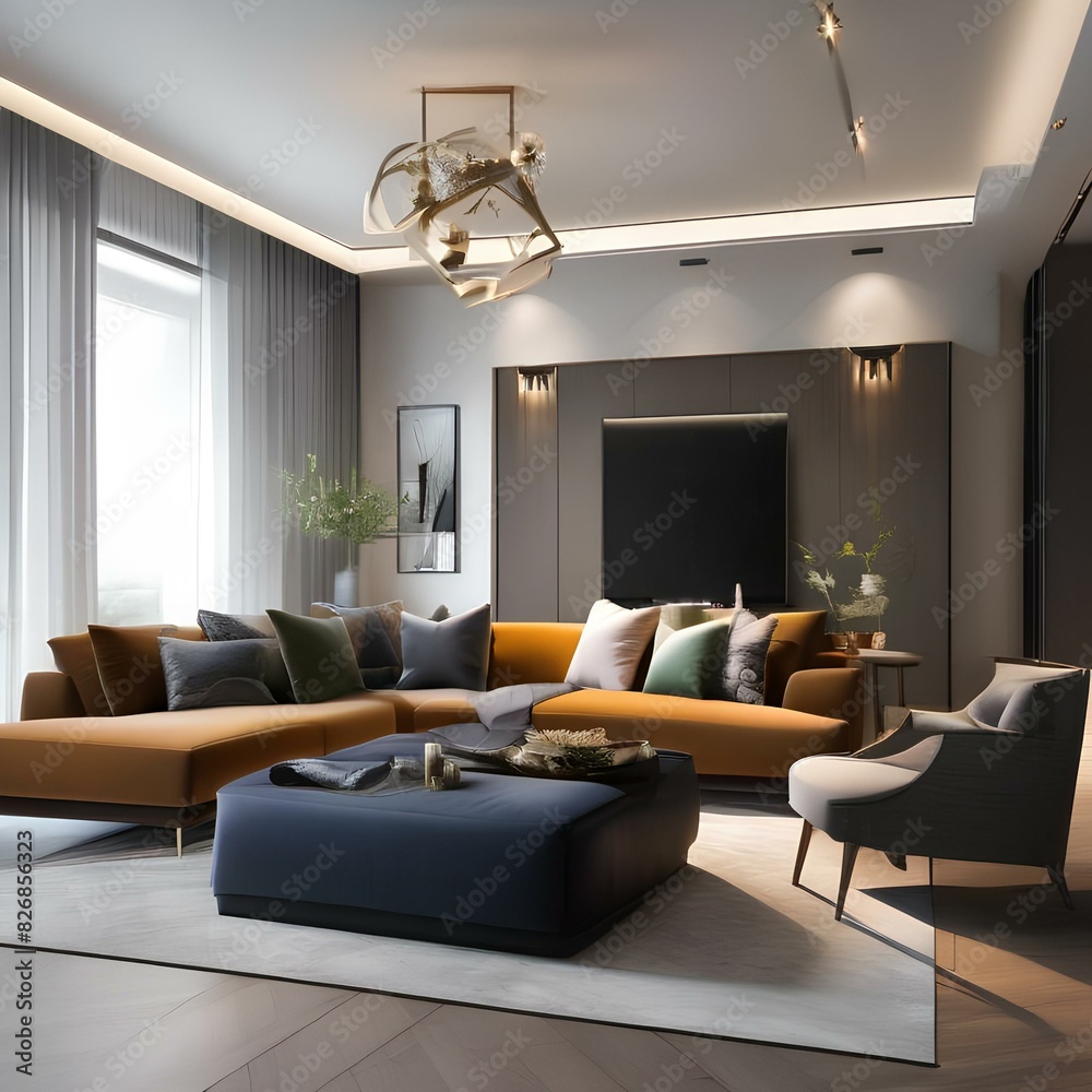 Modern living room with a large sectional sofa and abstract art1 Modern living room with a large sectional sofa and abstract art1