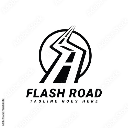 Flash Road Logo design. Minimalist streets in the form of flash lightning Combine with Circular symbol.