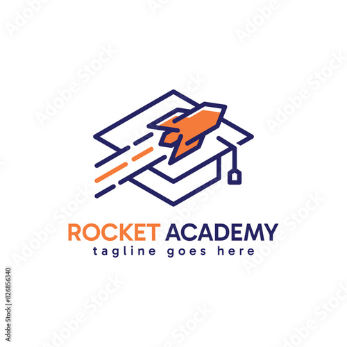 Rocket and Academy toga hat combination with line art concept. Minimalist vector illustration.