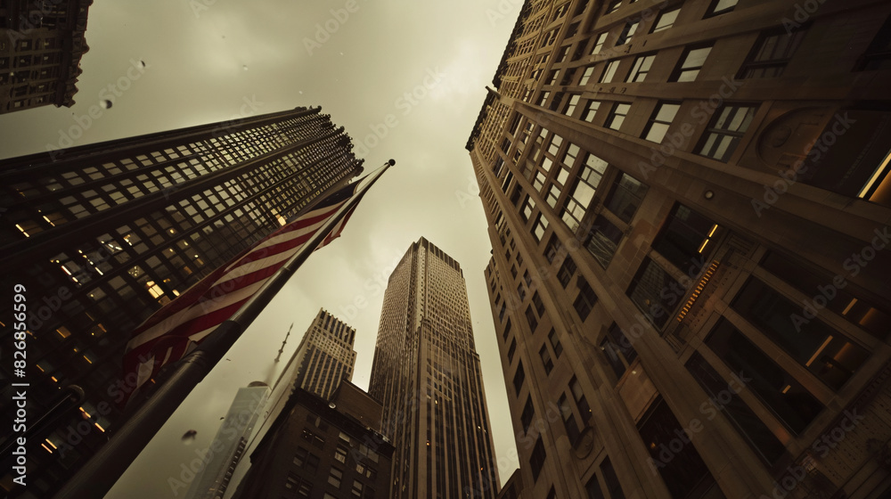 illustration the usa or united states of america flag on a flagpole near skyscrapers under a cloudy sky